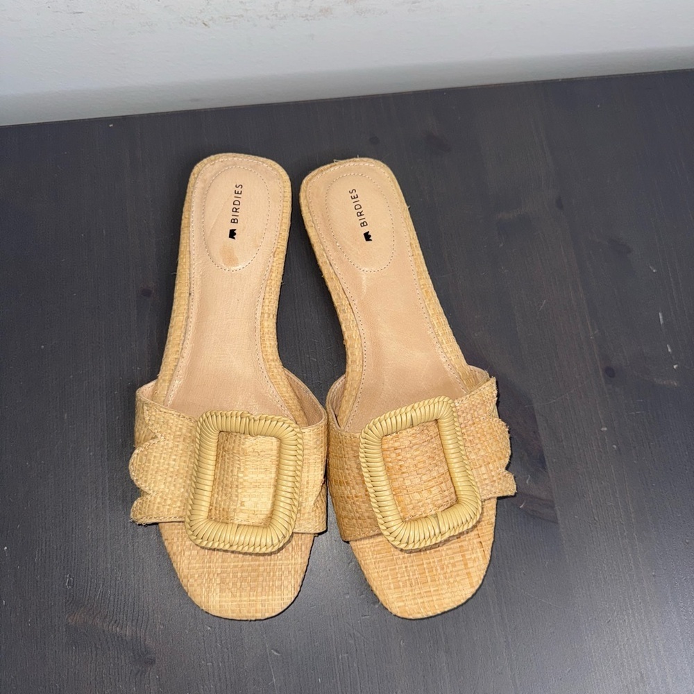 Birdies Tan Woven Buckle Slide Sandals